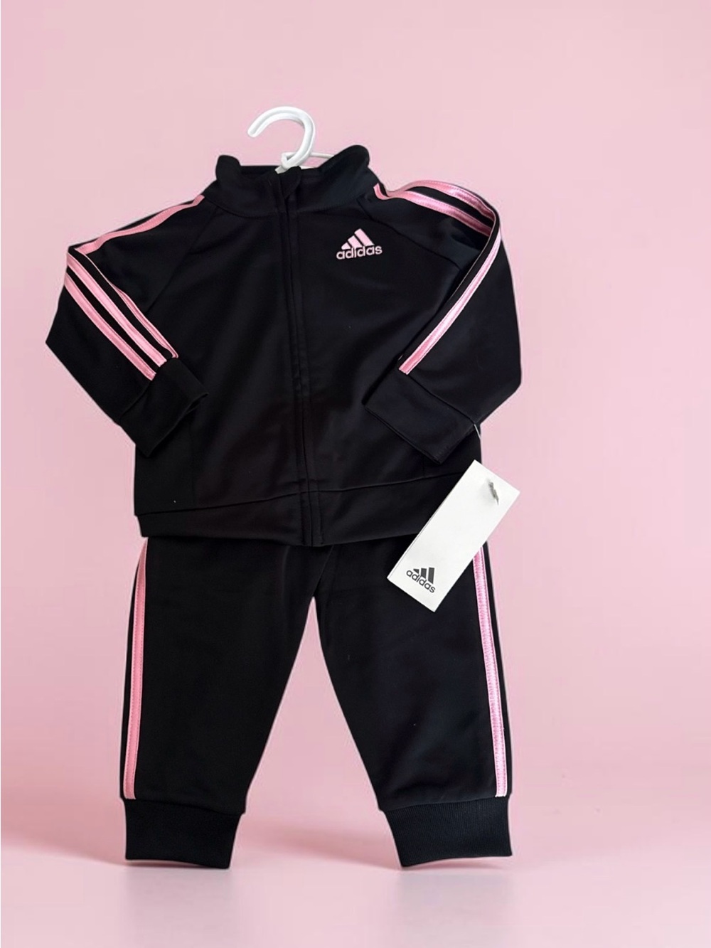 adidas Kids Black Jacket & Joggers with Pink Stripes